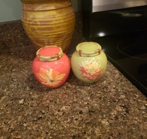 Raymond Waites Floral China Salt & Pepper Shakers - Coral and Sage - 4" Tall